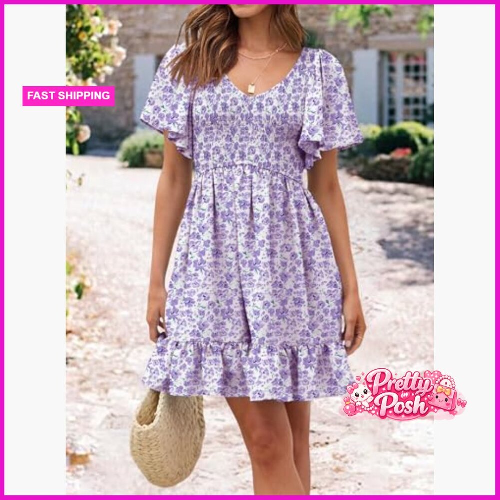 Polyester Blend Smocked V-Neck Flutter Sleeve Sun… - image 2